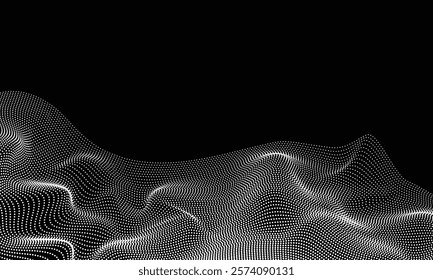 Abastract smooth flowing wave dots halftone lines dynamic black white gradient isolated on transparent background concept of technology, digital, communication, science, music vector illustration