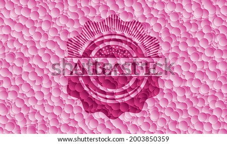 Abate realistic pink emblem with bubbles background. Vector Illustration. Detailed. 