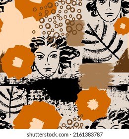 Abatract floral seamless pattern with woman faces. Vector design.  Paper, wallpaper, wrapping paper. 