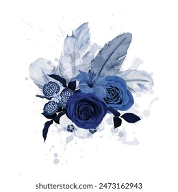 Abatract poster with feathers and blue roses.  For wedding, birthday, party, save the date. Vector illustration.