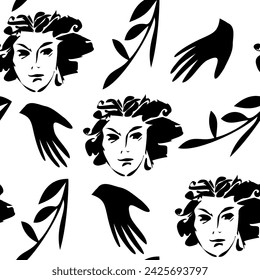 Abatract  seamless pattern with woman faces, hands and branch. Vector hand drawn design.  Paper, wallpaper, wrapping paper. 