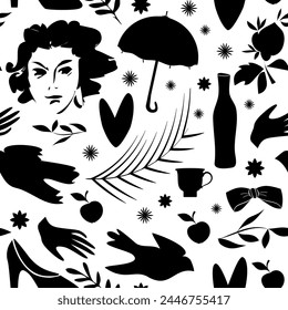 Abatract  seamless pattern with woman faces, hands, branch, bird, etc. Vector  design.  Paper, wallpaper, wrapping paper. 