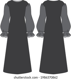 abaya, bishop gray sleeve long dress design and bishop sleeve modesty dress design fashion illustrator and flat drawing	