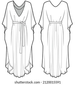 Abaya, Dubai Abaya Fashion, Modesty Dress, Butterfly Abaya Front and Back View. fashion illustration vector, CAD, technical drawing, flat drawing.