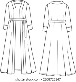 Abaya habaya  front and back coat type cardigan Islamic dress fashion flat sketch template.