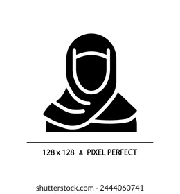 Abaya muslim woman black glyph icon. Islamic hijab female. Traditional headscarf cover. Historical religious style. Silhouette symbol on white space. Solid pictogram. Vector isolated illustration