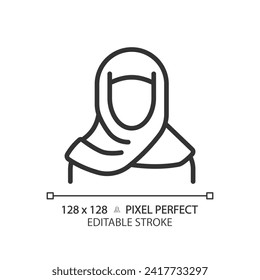 Abaya muslim woman linear icon. Islamic hijab female. Traditional headscarf cover. Historical religious style. Thin line illustration. Contour symbol. Vector outline drawing. Editable stroke