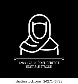Abaya muslim woman white linear icon for dark theme. Islamic hijab female. Headscarf cover. Historical religious style. Thin line illustration. Isolated symbol for night mode. Editable stroke