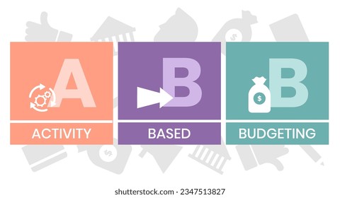 ABB Acrónimo de concepto de presupuestación por actividades. Concepto con palabras clave, personas e iconos. Ilustración vectorial plana. Aislado en blanco.
