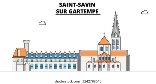 Abbey Church Of Saint-Savin - Sur Gartempe  line travel landmark, skyline, vector design. Abbey Church Of Saint-Savin - Sur Gartempe  linear illustration. 