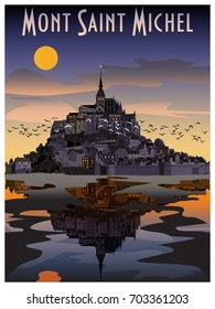 The Abbey of Mont St-Michel at night, Normandy, France. Handmade drawing vector.