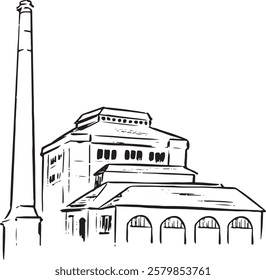 Abbey Pumping Station, Leicester, England black and white ink sketch. Iconic Victorian industrial building with ornate brickwork and tall chimney. Historic landmark illustration. Tourism, travel