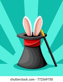 abbit ears appear from the magic top hat with red ribbon and magical wand flat style vector illustration isolated on turquoise background website page and mobile app design.