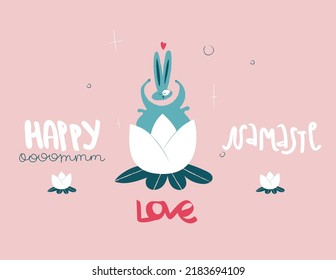 abbit in lotus 2023 yoga love heart namaste pink illustration character postcard healthy happy poses sport relax meditation omm rest bunny 