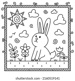 
A abbit stands on a meadow with flowers. The sun is shining from above and the clouds are flying. Black and white vector illustration for coloring book.