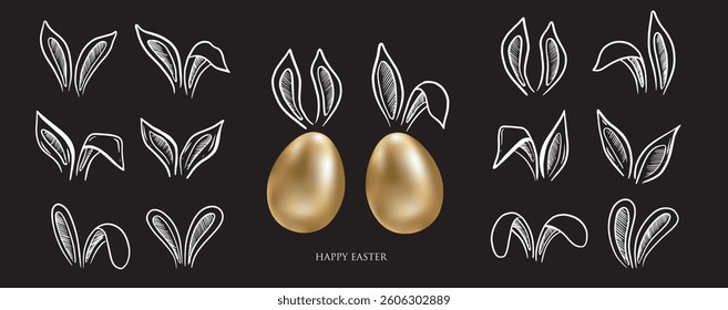 abbits's ears with gold eggs set, Happy Easter, Hand drawn illustration.