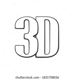 Abbreviation 3D for three-dimensional film. Outline. Lettering style icon for stereo movies. Symbol of the film industry. Vector illustration. Hand drawn sketch. Isolated white background