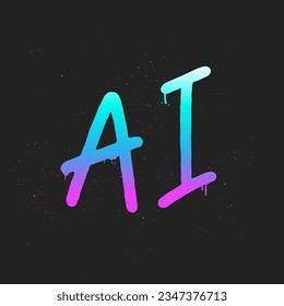 Abbreviation AI Neon Graffiti. Artificial Intelligence in Urban Street Style. Trendy Y2K clipart. Splash effects and drops. Grunge and spray texture.