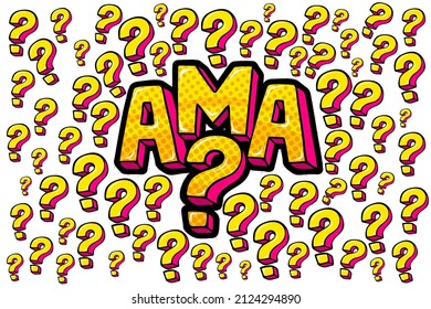 Abbreviation ama Ask me anything in retro comic speech bubble on white background in pop art. Vector illustration