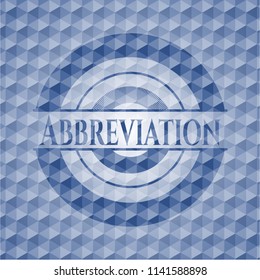 Abbreviation blue badge with geometric pattern background.