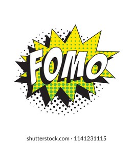 abbreviation fomo (fear of missing out) on colorful retro comic speech bubble with halftone dotted shadow on white background