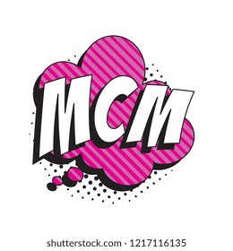 abbreviation mcm (mancrush monday) in retro comic speech bubble with halftone dotted shadow