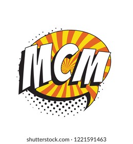 abbreviation mcm (mancrush monday) in retro comic speech bubble with halftone dotted shadow