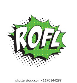 abbreviation rofl (rolling on the floor laughing) on speech bubble with halftone dotted shadow in retro comic style