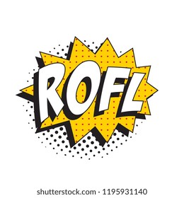 abbreviation rofl (rolling on the floor laughing) on speech bubble with halftone dotted shadow in retro comic style