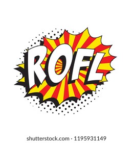abbreviation rofl (rolling on the floor laughing) on speech bubble with halftone dotted shadow in retro comic style