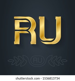 The abbreviation of Russia. R and U initial gold logo. RU - Metallic 3d icon or logotype template. Vector design element with lineart option.