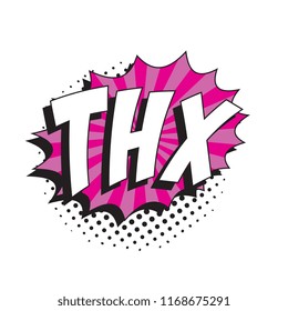 abbreviation thx (thanks) in retro comic speech bubble with halftone dotted shadow