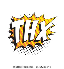 abbreviation thx (thanks) in retro comic speech bubble with halftone dotted shadow