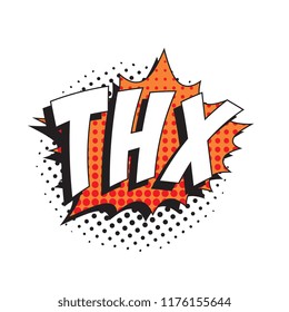 abbreviation thx (thanks) in retro comic speech bubble with halftone dotted shadow