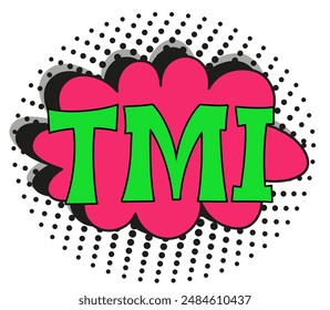 Abbreviation TMI - too much information, in retro comic speech bubble with halftone dotted shadow