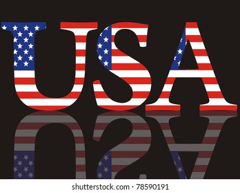 Abbreviation of the USA with national colors on a black mirror background