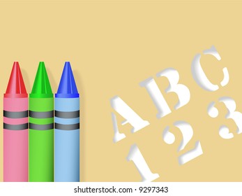 ABC 123 Stift und drei Stifte - Rot Grün Blau - alle mit Fallschirmen, bilden einen Rücken auf den Schulhintergrund.