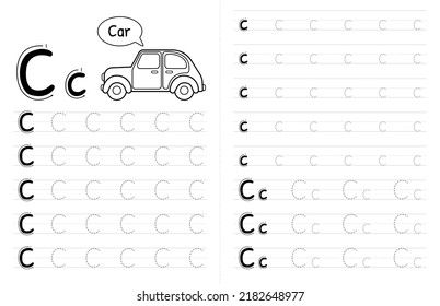 ABC AAlphabets Tracing Book Interior For Kids. Children Writing Worksheet With Picture. Premium Vector Elements Letter C.