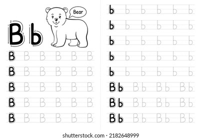 ABC AAlphabets Tracing Book Interior For Kids. Children Writing Worksheet With Picture. Premium Vector Elements Letter B.