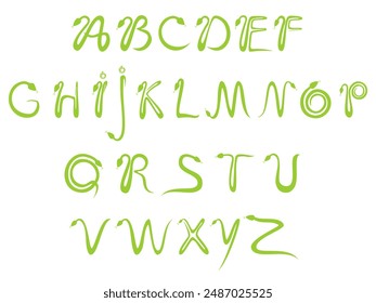 ABC. Alphabet. Capital letters made from green snakes. Handwritten font. Snake silhouette set. Isolated snake silhouette on white background. Vector illustration