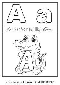 ABC Alphabet coloring pages for kids. Learn the English alphabet and letters with a cute cartoon character. A is for alligator 
