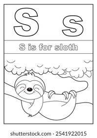 ABC Alphabet coloring pages for kids. Learn the English alphabet and letters with a cute cartoon character. S is for sloth