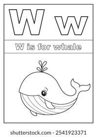 ABC Alphabet coloring pages for kids. Learn the English alphabet and letters with a cute cartoon character. W is for whale
