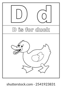 ABC Alphabet coloring pages for kids. Learn the English alphabet and letters with a cute cartoon character. D is for duck
