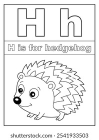 ABC Alphabet coloring pages for kids. Learn the English alphabet and letters with a cute cartoon character. H is for hedgehog
