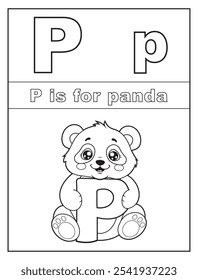 ABC Alphabet coloring pages for kids. Learn the English alphabet and letters with a cute cartoon character. P is for panda
