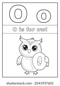 ABC Alphabet coloring pages for kids. Learn the English alphabet and letters with a cute cartoon character. O is for owl

