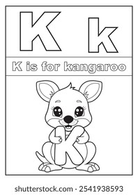 ABC Alfabeto para colorear páginas para niños. Aprende el alfabeto inglés y las letras con un personaje de dibujos animados lindo. K es para canguro
