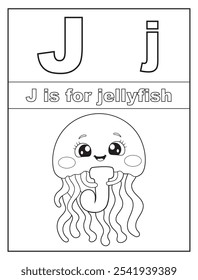 ABC Alphabet coloring pages for kids. Learn the English alphabet and letters with a cute cartoon character. J is for jellyfish
