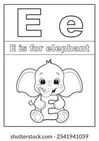 Páginas de coloração do Alfabeto ABC para crianças. Aprenda o alfabeto inglês e letras com um personagem de desenho animado bonito. E é para elefante
